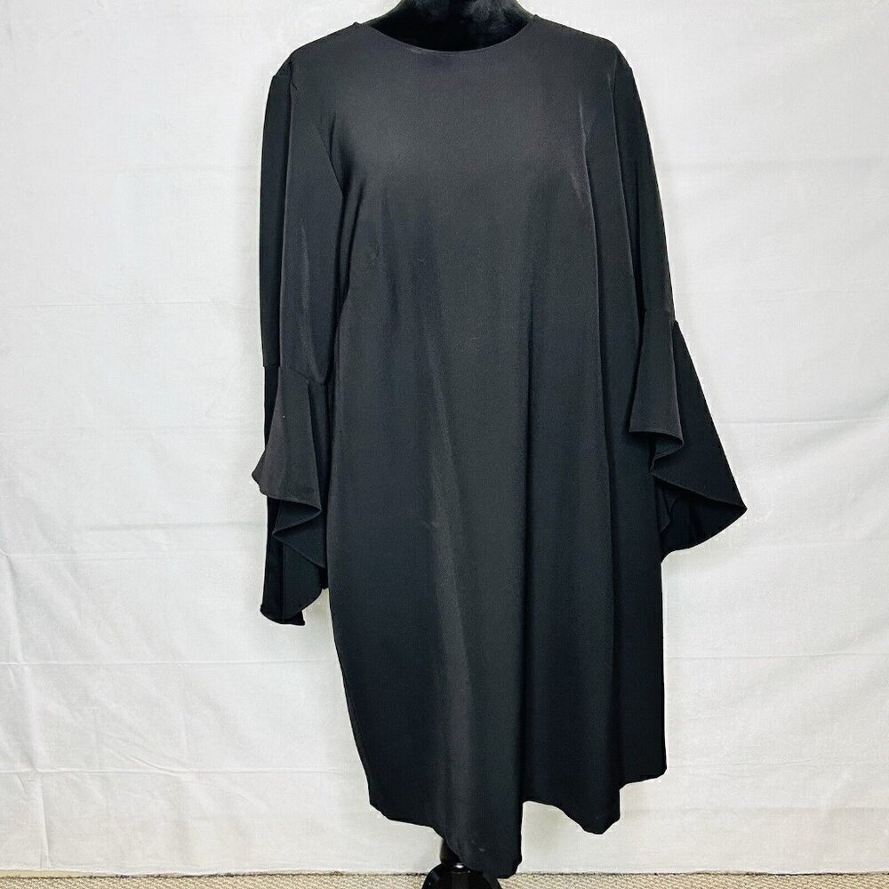 Eloquii Shift Dress Black Sz 16 Shift Midi Flounce Bell Sleeve Back-Zip